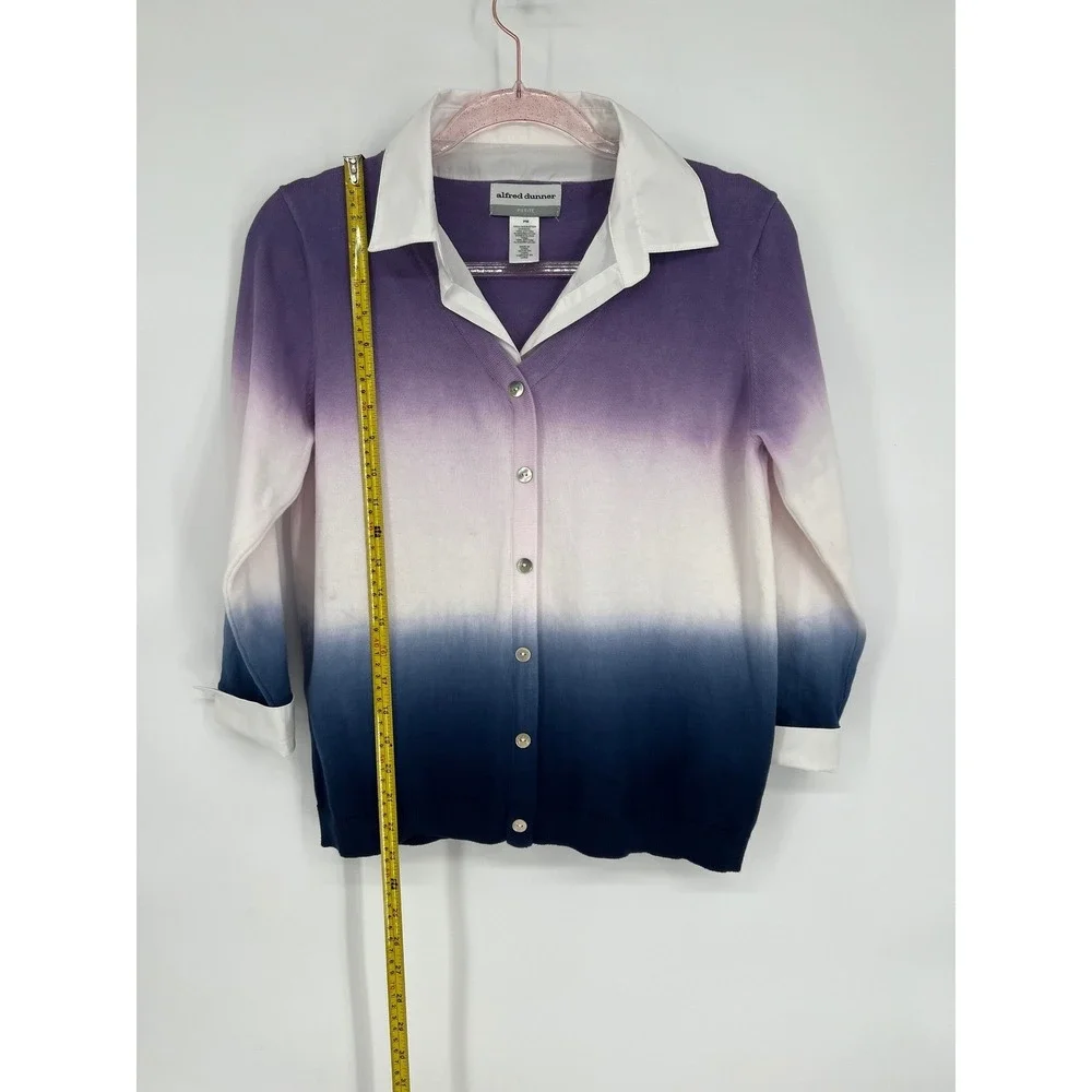 Alfred Dunner Purple Ombre Cardigan Sweater Button Up White Collared Petite PM‎